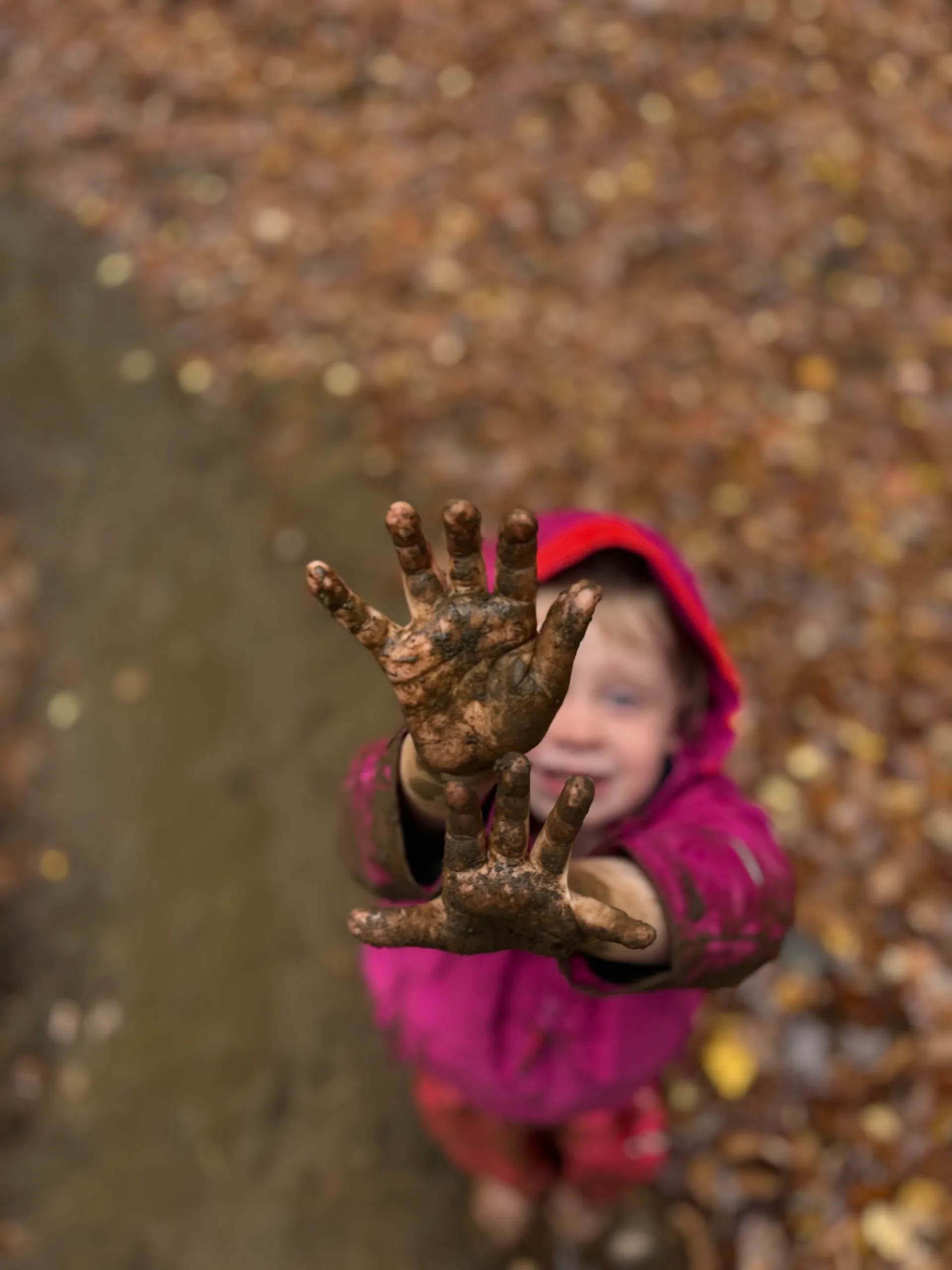 Child holding up mud-covered hands during nature-based education in Vermont at Field, Farm & Forest